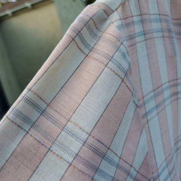 Triumph Men's XL short sleeve button up. Vintage. USA. Used. Pink/White plaid. - Picture 15 of 16